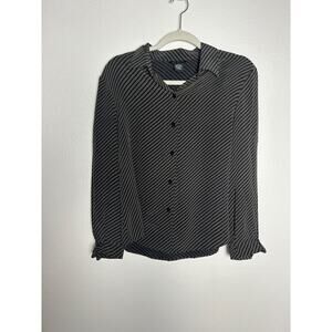 Grace Blouse Silk Top Button Down Size 8 Black & Beige Striped